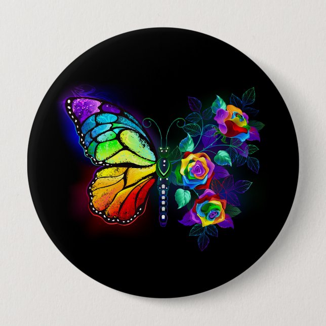 Rainbow flower butterfly 10 cm round badge (Front)