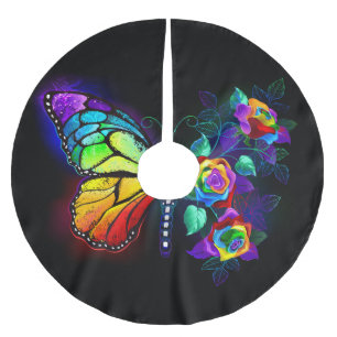 Rainbow flower butterfly brushed polyester tree skirt