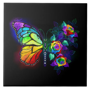 Rainbow flower butterfly ceramic tile