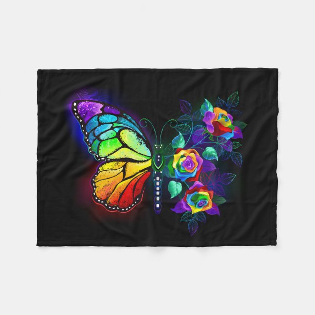Rainbow flower butterfly fleece blanket (Front (Horizontal))