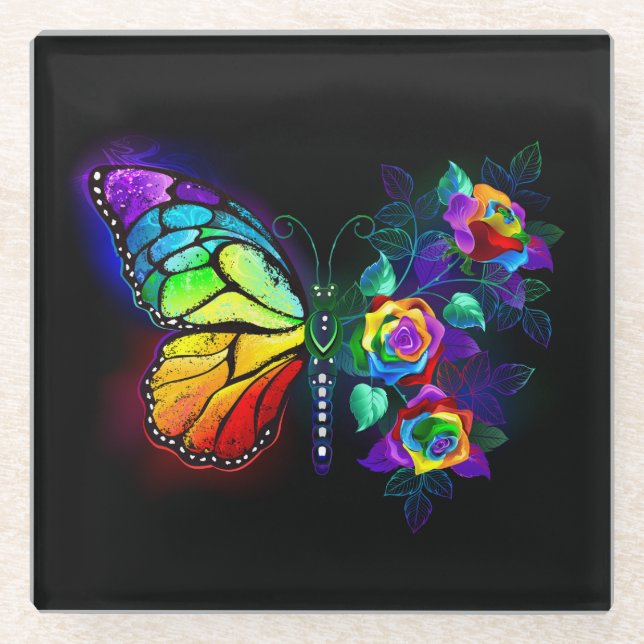 Rainbow flower butterfly glass coaster (Front)