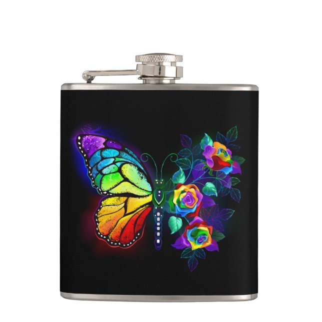 Rainbow flower butterfly hip flask (Front)