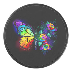 Rainbow flower butterfly hockey puck