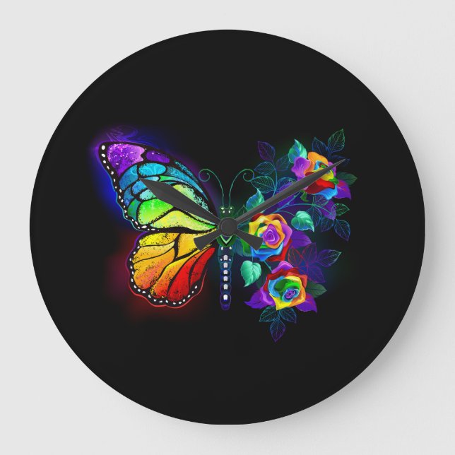 Rainbow flower butterfly large clock (Front)