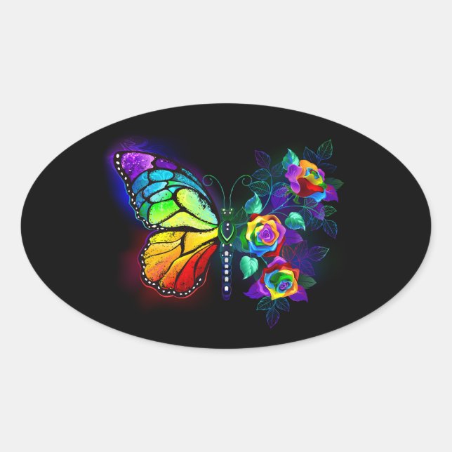 Rainbow flower butterfly oval sticker (Front)