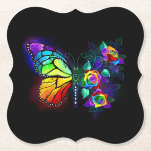Rainbow flower butterfly paper coaster