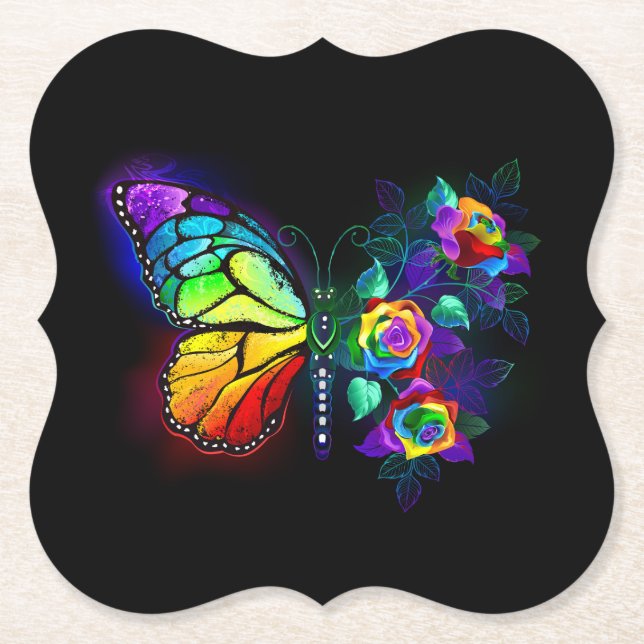 Rainbow flower butterfly paper coaster (Front)