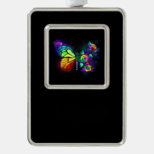 Rainbow flower butterfly silver plated framed ornament