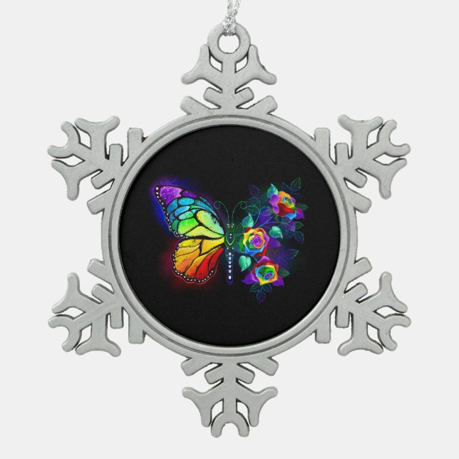 Rainbow flower butterfly snowflake pewter christmas ornament (Front)