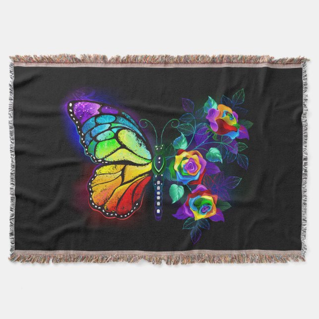 Rainbow flower butterfly throw blanket (Front)