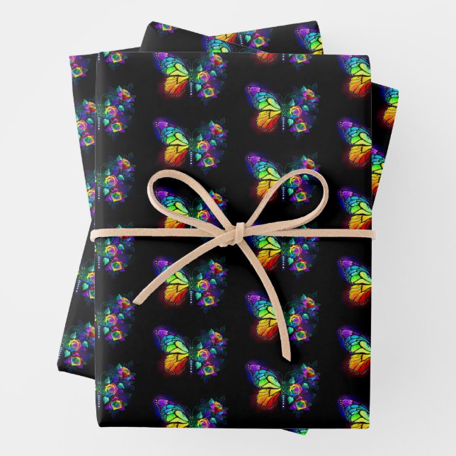 Rainbow flower butterfly wrapping paper sheet (In situ)