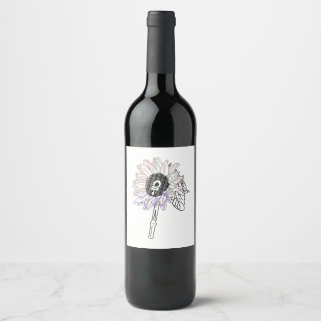 Rainbow Flower Funky Art Wine Label (Front)