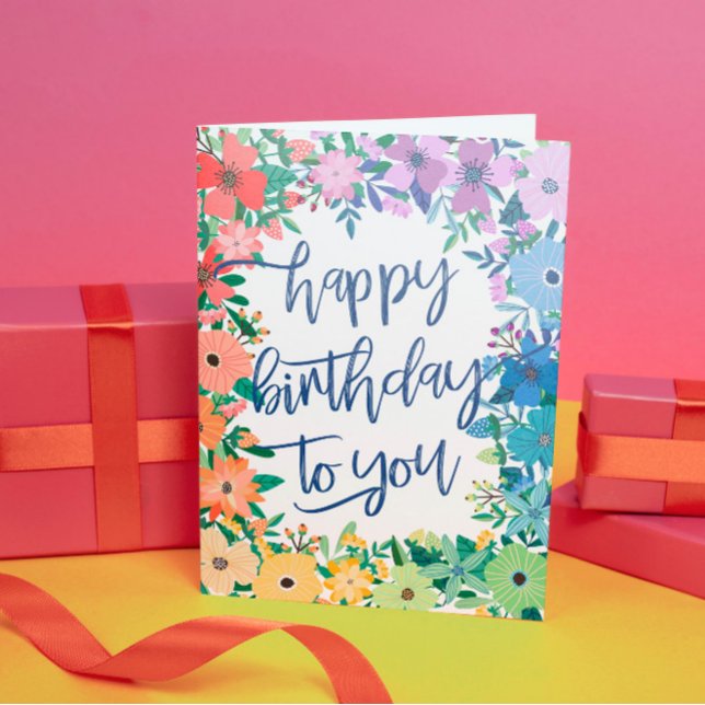 Rainbow Flowers Brush Script Happy Birthday Card (Creator Uploaded)