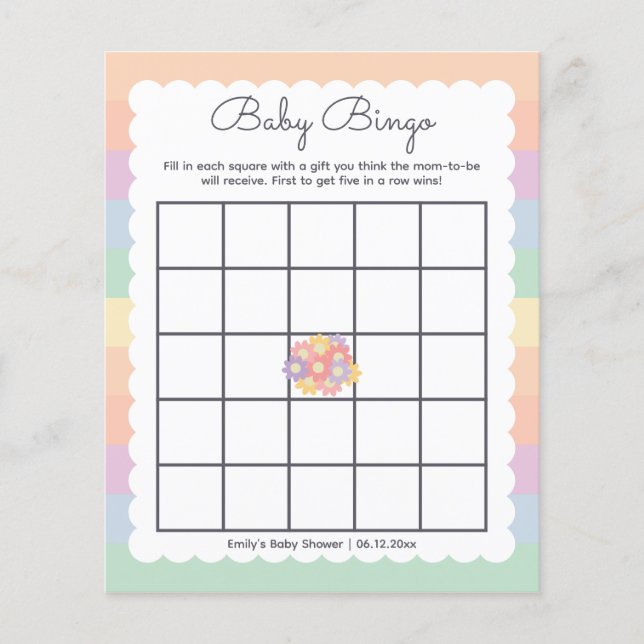 Rainbow Flowers Gender Neutral Baby Shower Bingo (Front)