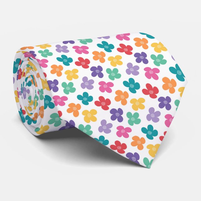 Rainbow Flowers Pattern Tie (Rolled)