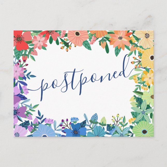 Rainbow Flowers Postponed Wedding Announcement Postcard (Front)