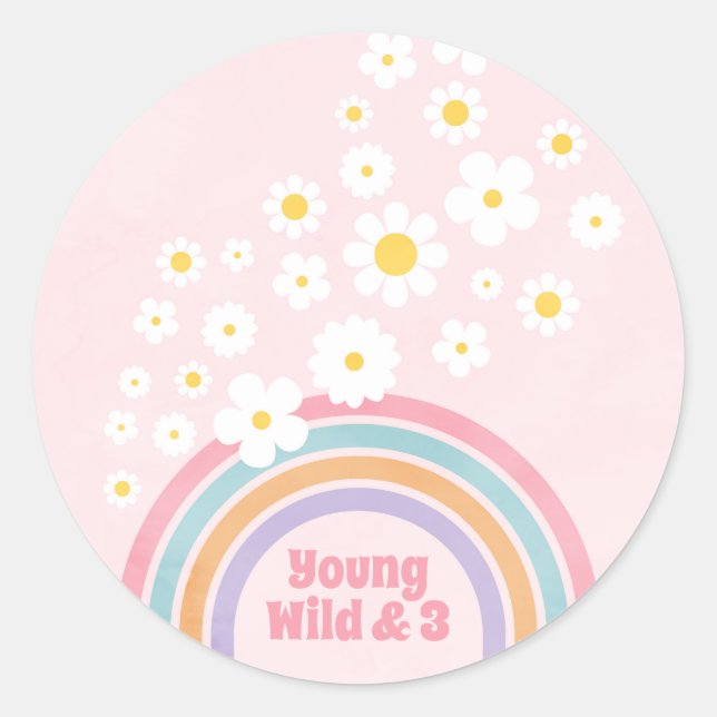 Rainbow Flowers Retro Birthday Party Stickers (Front)