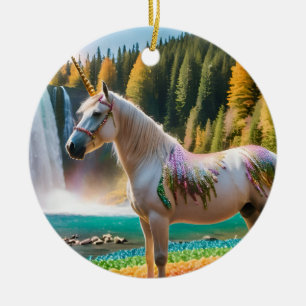 Rainbow Flowers Unicorn Green Trees Waterfall Lake Ceramic Ornament