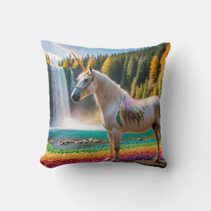 Rainbow Flowers Unicorn Green Trees Waterfall Lake Cushion