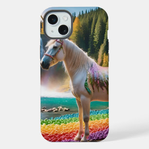 Rainbow Flowers Unicorn Green Trees Waterfall Lake iPhone 15 Plus Case