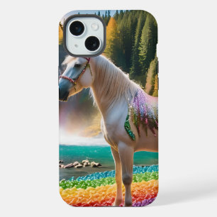 Rainbow Flowers Unicorn Green Trees Waterfall Lake iPhone 15 Plus Case
