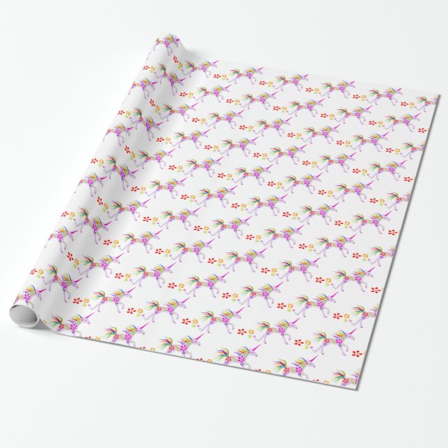 RAINBOW FLOWERS UNICORN VECTOR PATTERN WRAPPING PAPER (Unrolled)