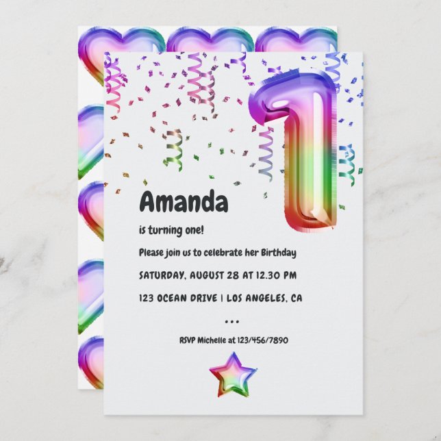 Rainbow Foil Balloon 1st Birthday Invitation (Front/Back)