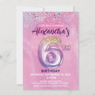 Rainbow Foil Balloon Girl 6th Birthday Invitation