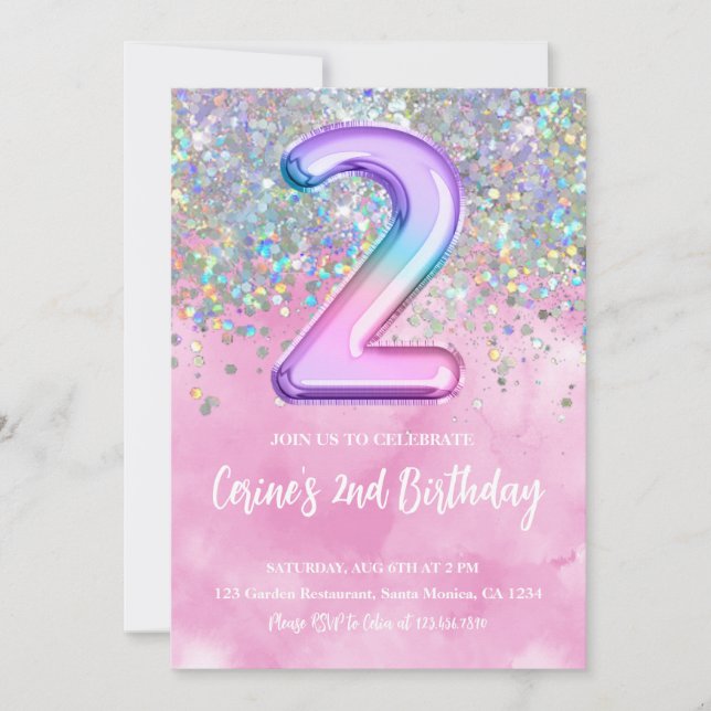 Rainbow Foil Girl 2nd Birthday Invitation (Front)