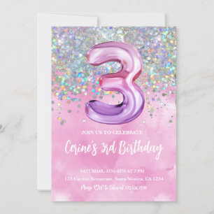 Rainbow Foil Girl 3rd Birthday Invitation