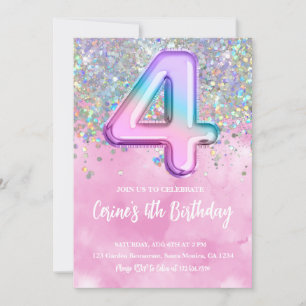 Rainbow Foil Girl 4th Birthday Invitation