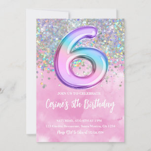 Rainbow Foil Girl 6th Birthday Invitation