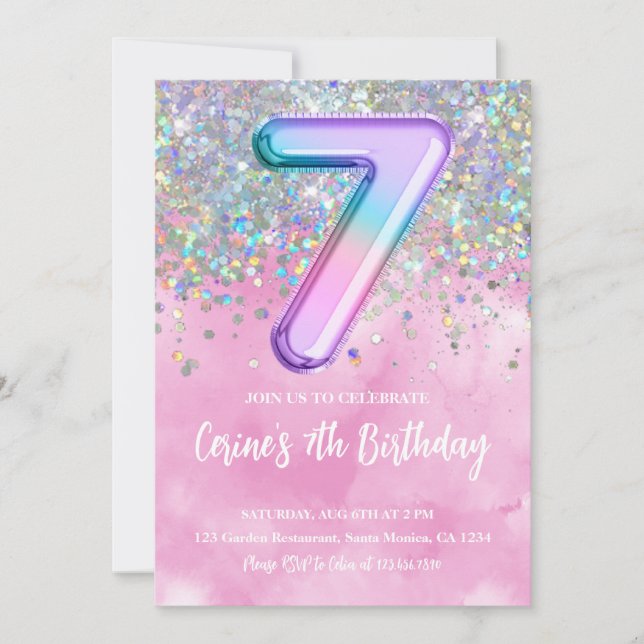 Rainbow Foil Girl 7th Birthday Invitation (Front)
