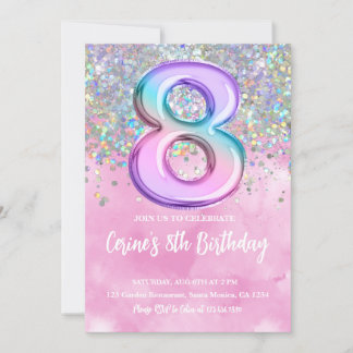 Rainbow Foil Girl 8th Birthday Invitation