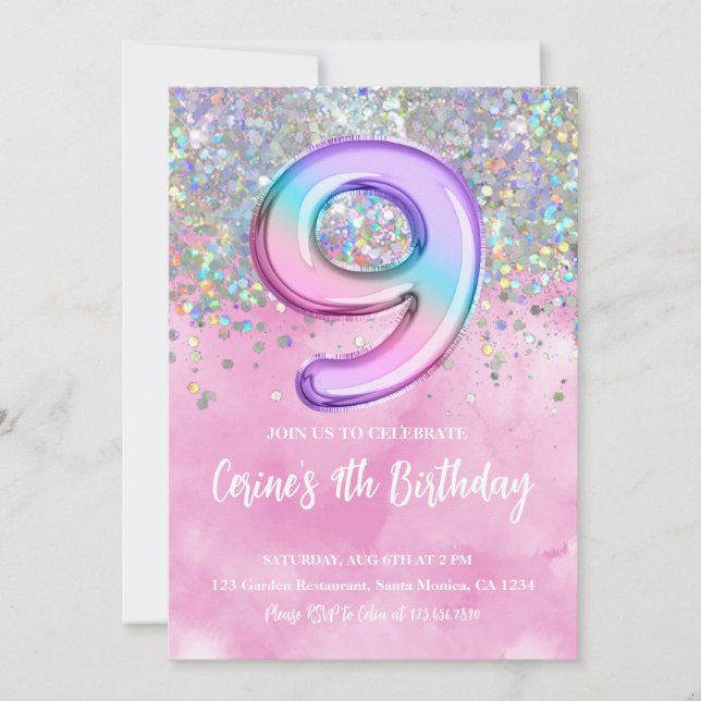 Rainbow Foil Girl Nine Birthday Invitation (Front)