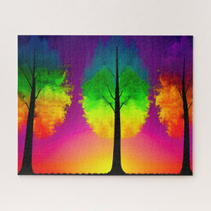 Rainbow Foliage on Tree Silhouettes Coloured Sky Jigsaw Puzzle