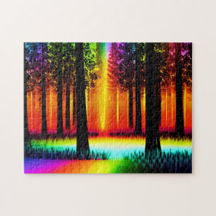 Rainbow Forest Orange Glow and Tree Silhouettes Jigsaw Puzzle