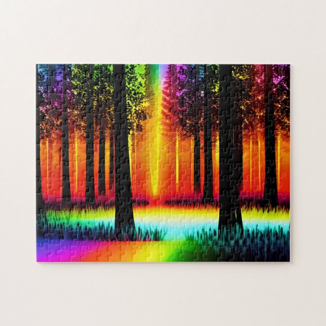 Rainbow Forest Orange Glow and Tree Silhouettes Jigsaw Puzzle (Horizontal)