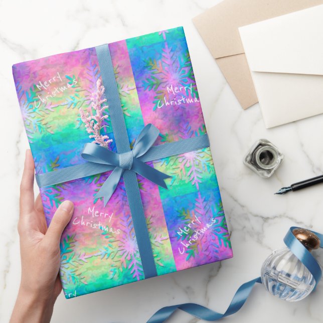 Rainbow Fractal Tie-Dye Snowflake Merry Christmas Wrapping Paper (Gifting)