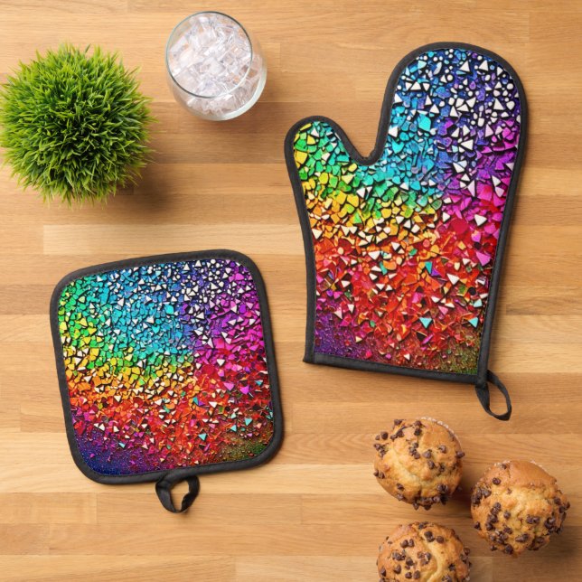 Rainbow Fragment Mosaic Oven Mitt & Pot Holder Set (Top Down)