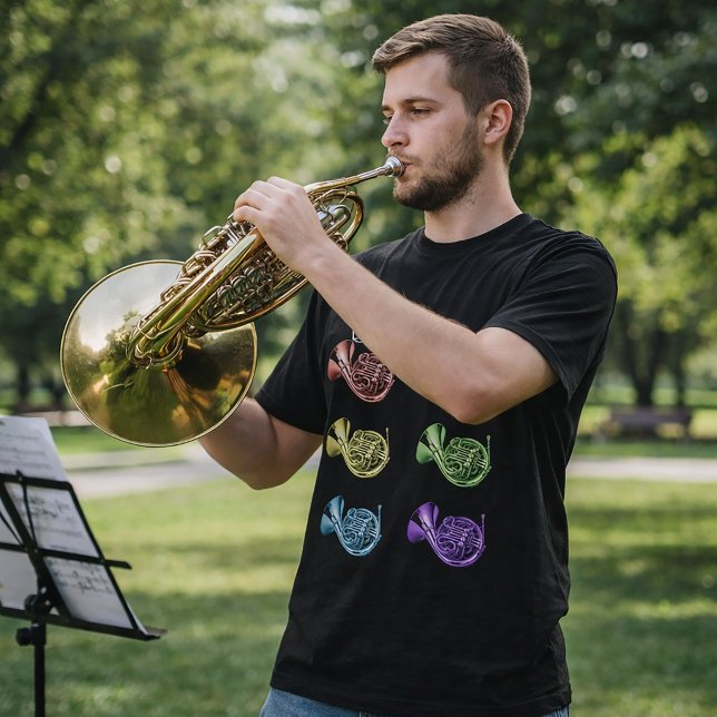 Rainbow French Horn Collage Design T-Shirt (A fun shirt with a pattern of rainbow french horns)