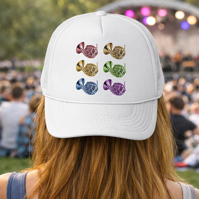Rainbow French Horn Collage Design Trucker Hat (A hat with two columns of french horns done in a rainbow of colors.)