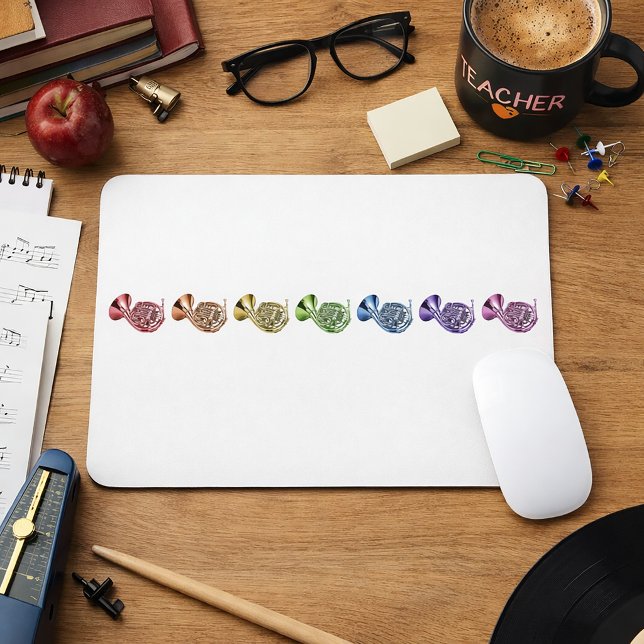Rainbow French Horn Colourful Brass Instrument Mouse Pad (A mouse pad with a rainbow lineup of french horns.)