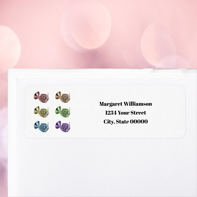 Rainbow French Horn  Personalise Return Address Label (A return address label with rainbow french horns & text you can personalize!)