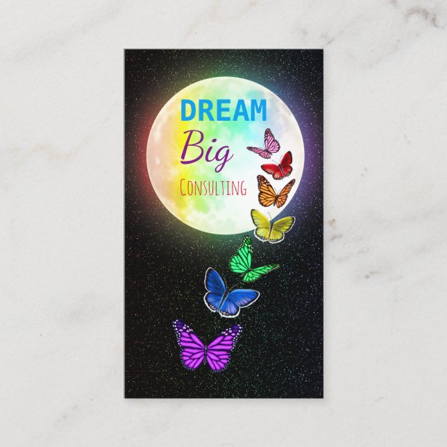 Rainbow Full Moon & Rainbow Butterflies Dream Big Business Card (Front)