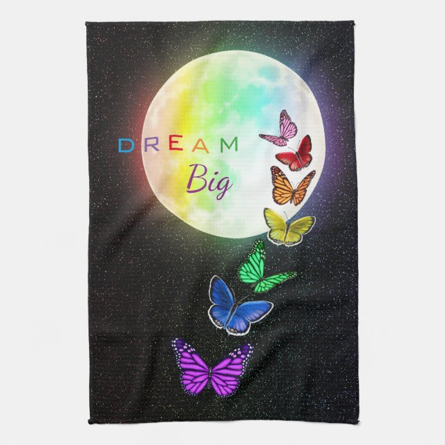Rainbow Full Moon & Rainbow Butterflies Dream Big Tea Towel (Vertical)