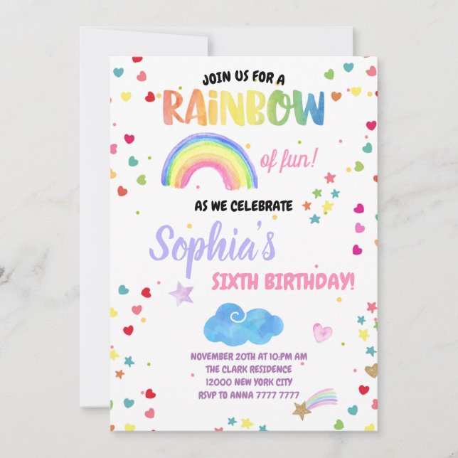 Rainbow Fun Girl Birthday Party Pastel Confetti Invitation (Front)