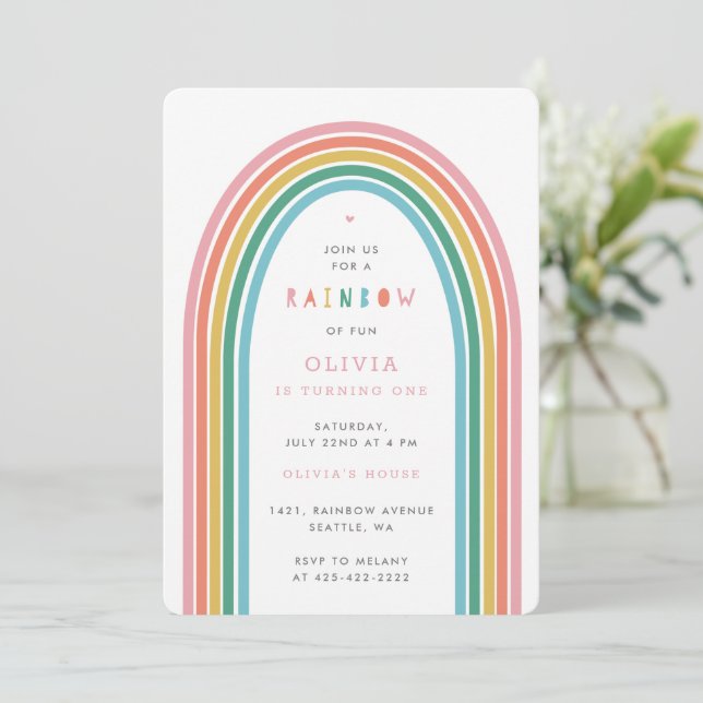 Rainbow Fun Kid's birthday party Peach Invitation (Standing Front)