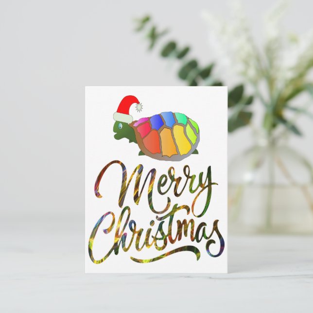 Rainbow Funny Turtle Wearing Santa Hat Xmas Gifts Holiday Postcard (Standing Front)
