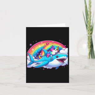 Rainbow Galaxy Cat Riding Shark In Space Funny Cat Card